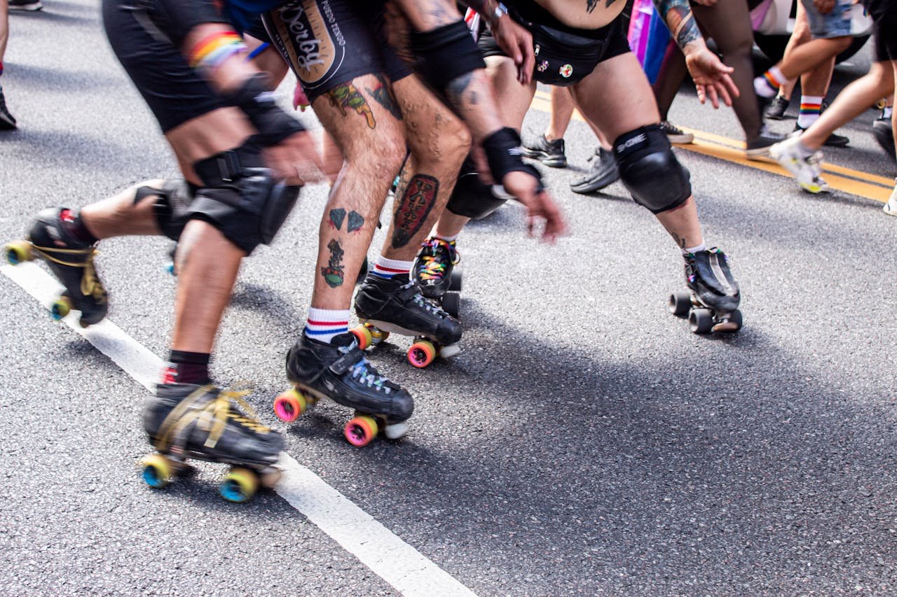 Dynamic roller derby competition showcasing colorful skates in Buenos Aires, Argentina streets.